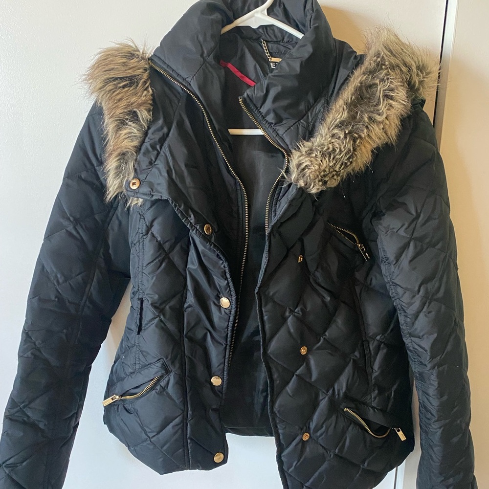 Black puffer jacket with faux fur hood